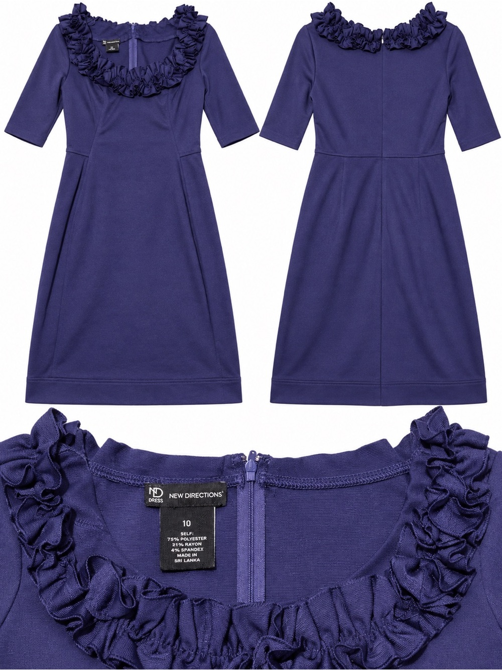 New Directions Ruffled Neckline Dress Eggplant Purple Size 10